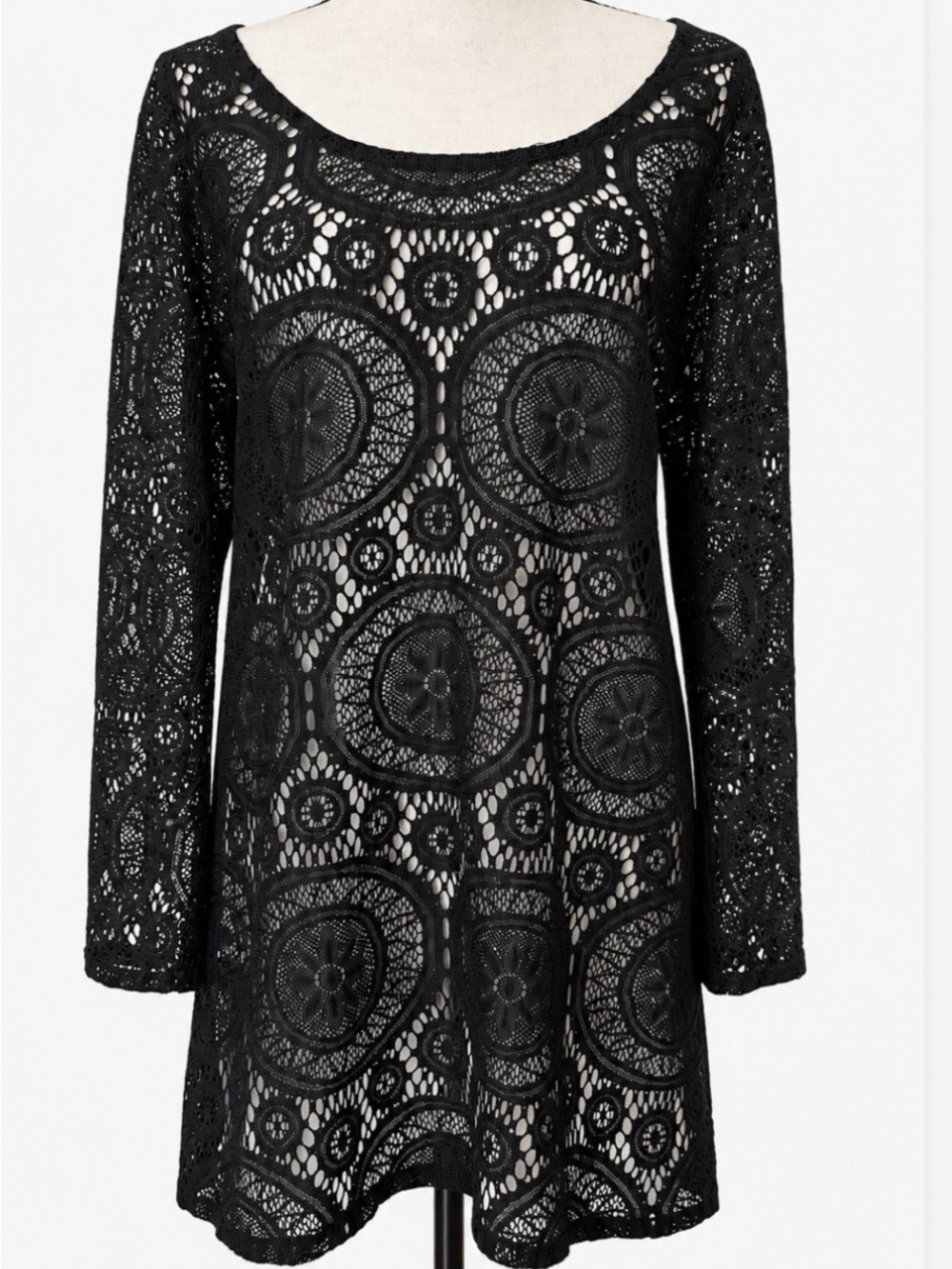 Black Boho Crochet Medallion Lace Long-Sleeve Tunic Top Swim Beach Festival M/L